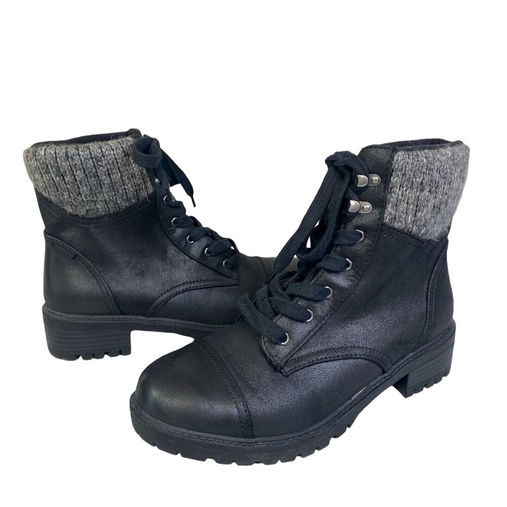 Universal Threads Women Sz 7.5 Black Collared Winter Hiking Lace Up Ankle Boots
